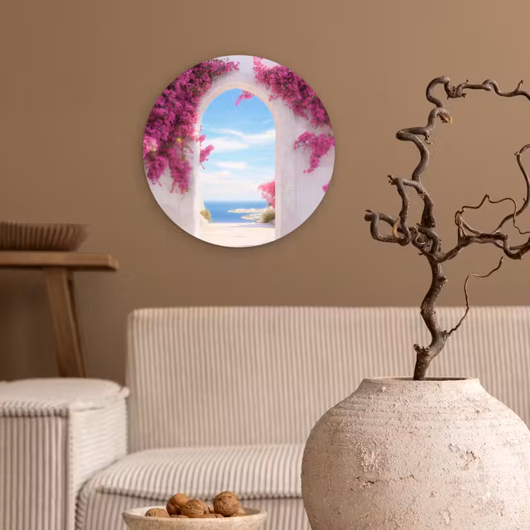 Wandcirkel - Glas - Zee - Roze - Bloemen - Poort — 2