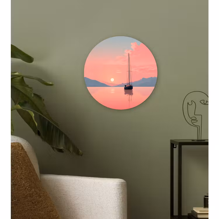 Wandcirkel - Glas - Zeilboot - Roze zee - Zonsondergang - Bergen — 3