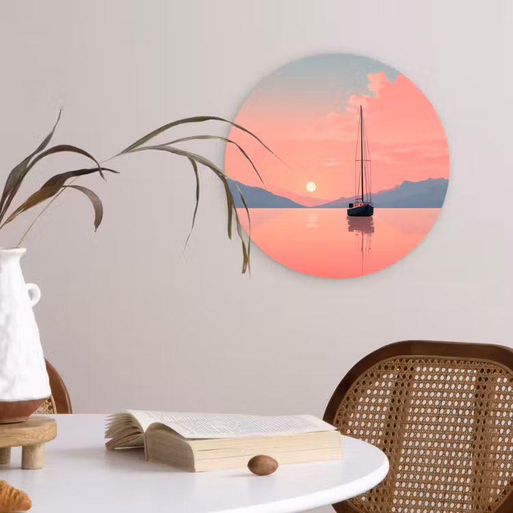 Wandcirkel - Glas - Zeilboot - Roze zee - Zonsondergang - Bergen — 4