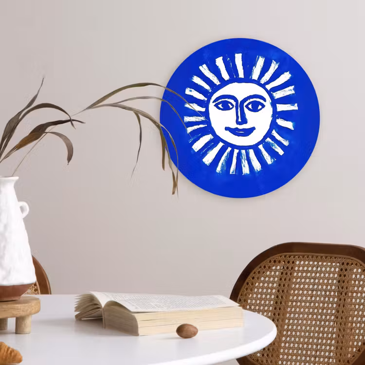 Wandcirkel - Glas - Zon - Gezicht - Penseelstructuur - Blauw — 4