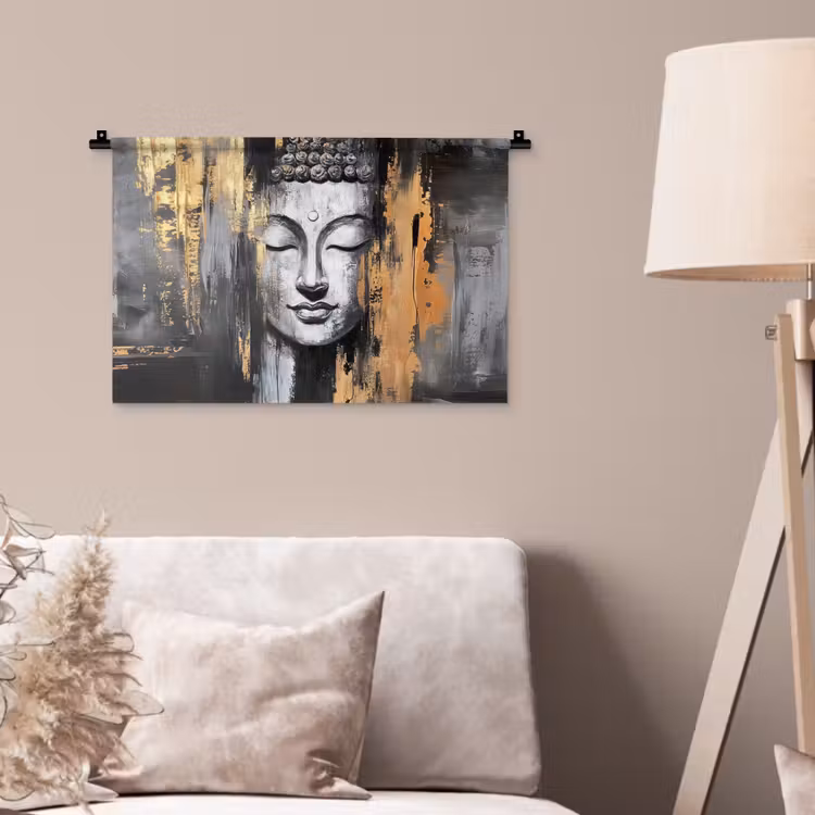 Wandkleed - Boedhha - Penseelstreken - Goud - Abstract — 2