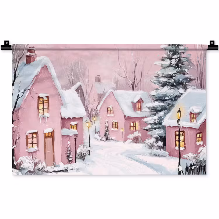 Wandkleed - Kerstdorp - Roze - Winter - Sneeuw - Huizen — 1