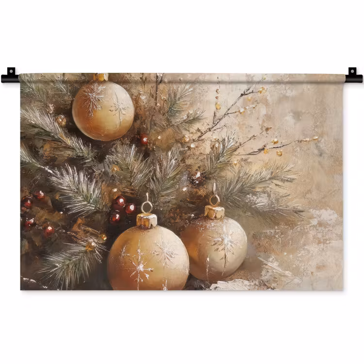 Wandkleed - Kerst - Kerstballen - Beige - Goud — 1