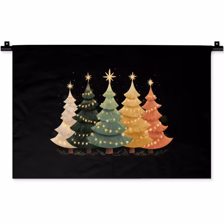 Wandkleed - Kerstbomen - Kleurrijk - Lichtjes - Ster — 1