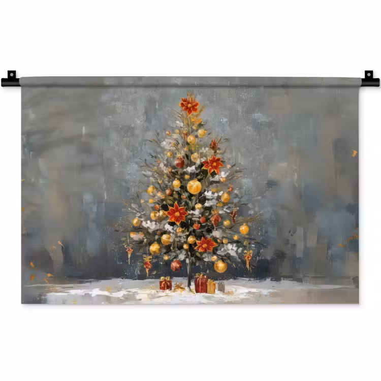 Wandkleed - Kerstboom - Cadeaus - Rood - Goud — 1
