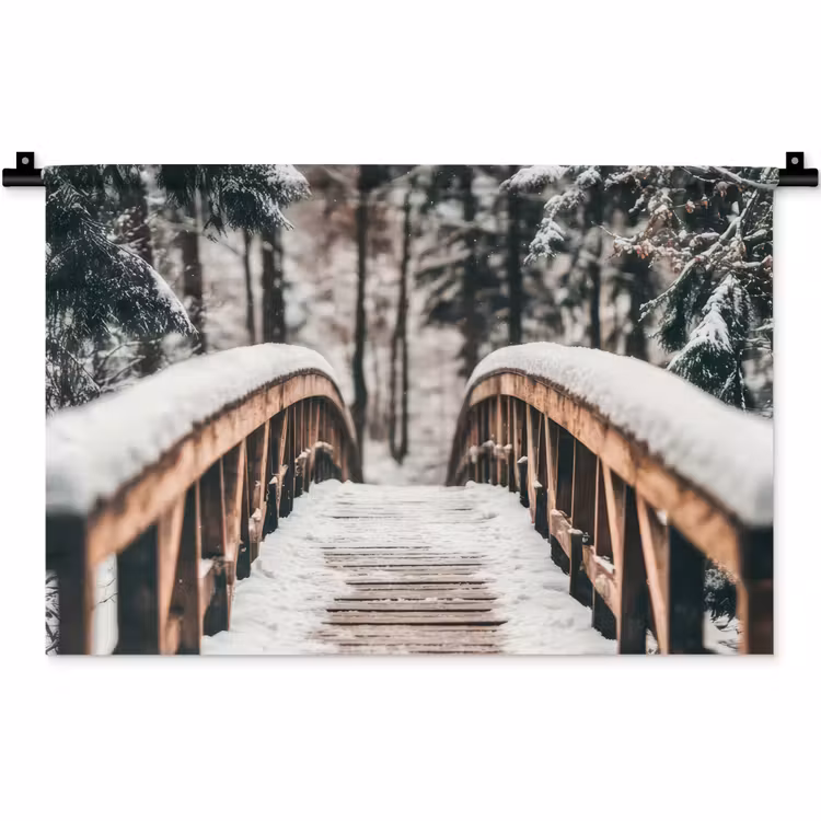 Wandkleed - Brug - Winterlandschap - Bos - Natuur - Sneeuw — 1