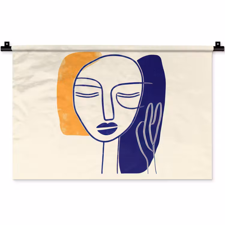 Wandkleed - Minimalistisch - Gezicht - Hand - Oranje - Blauw — 1
