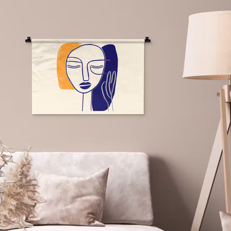 Wandkleed - Minimalistisch - Gezicht - Hand - Oranje - Blauw — 2