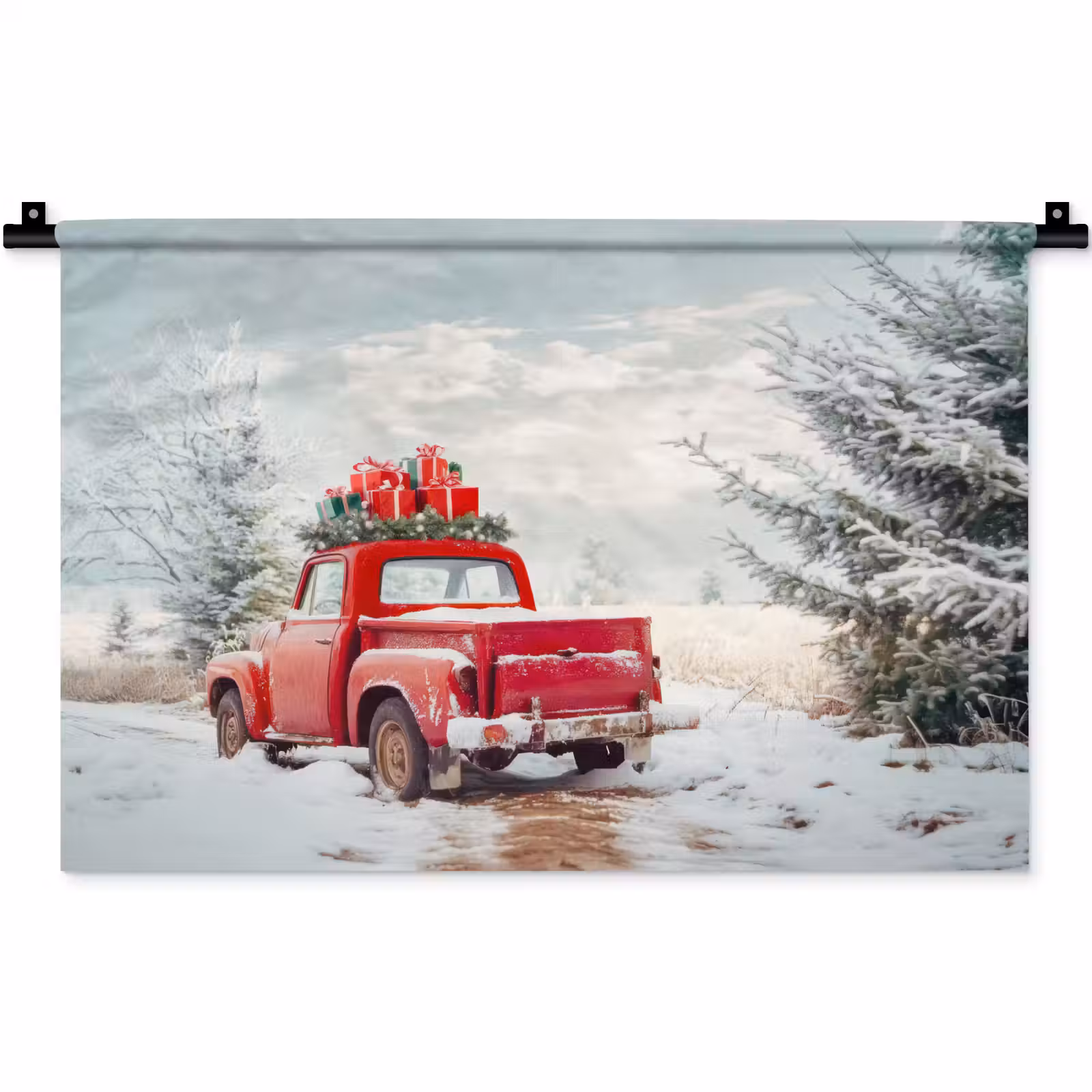 Wandkleed - Auto - Rood - Cadeaus - Winter - Sneeuw - Kerst — 1