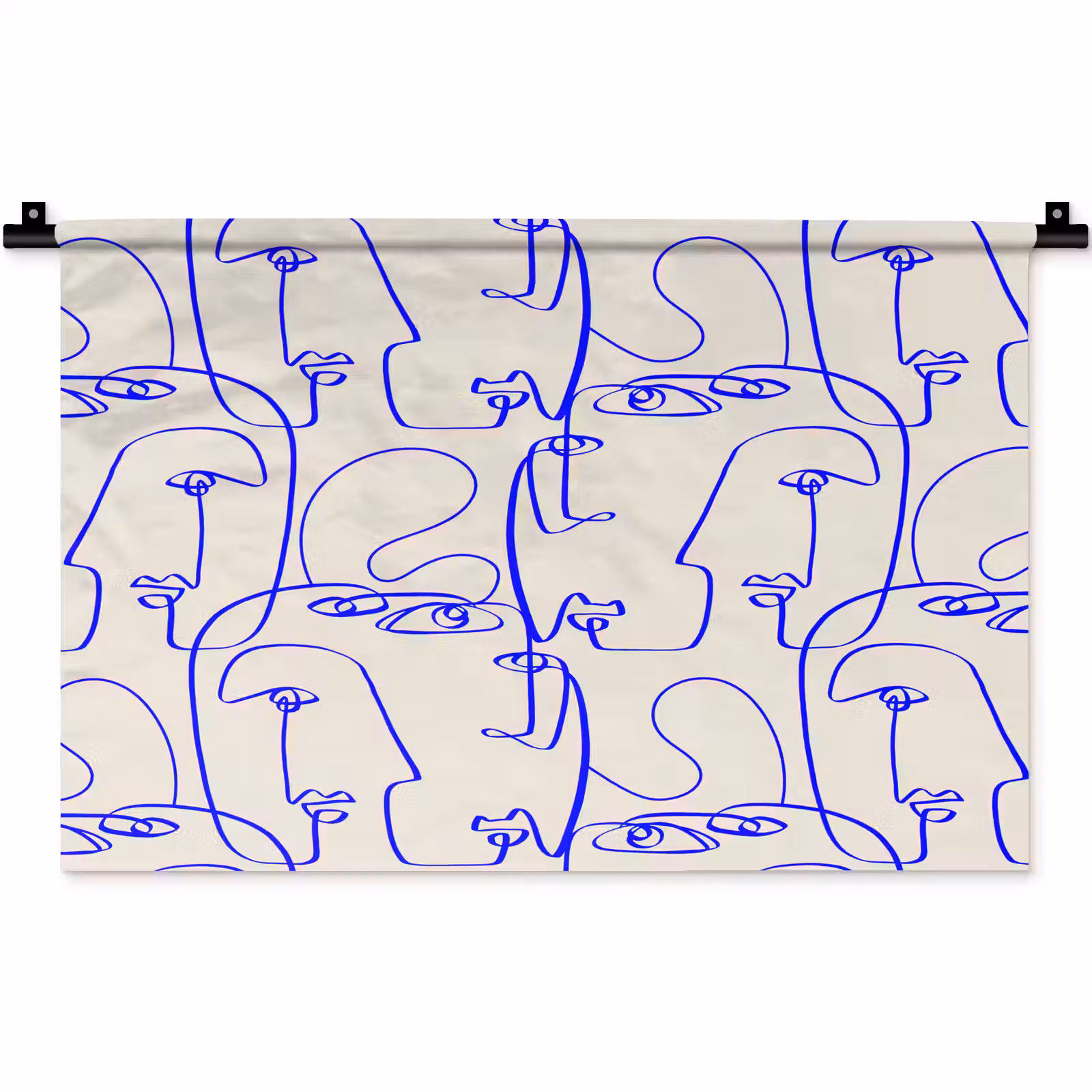 Wandkleed - Gezicht - Blauw - Lijnen - Beige — 1