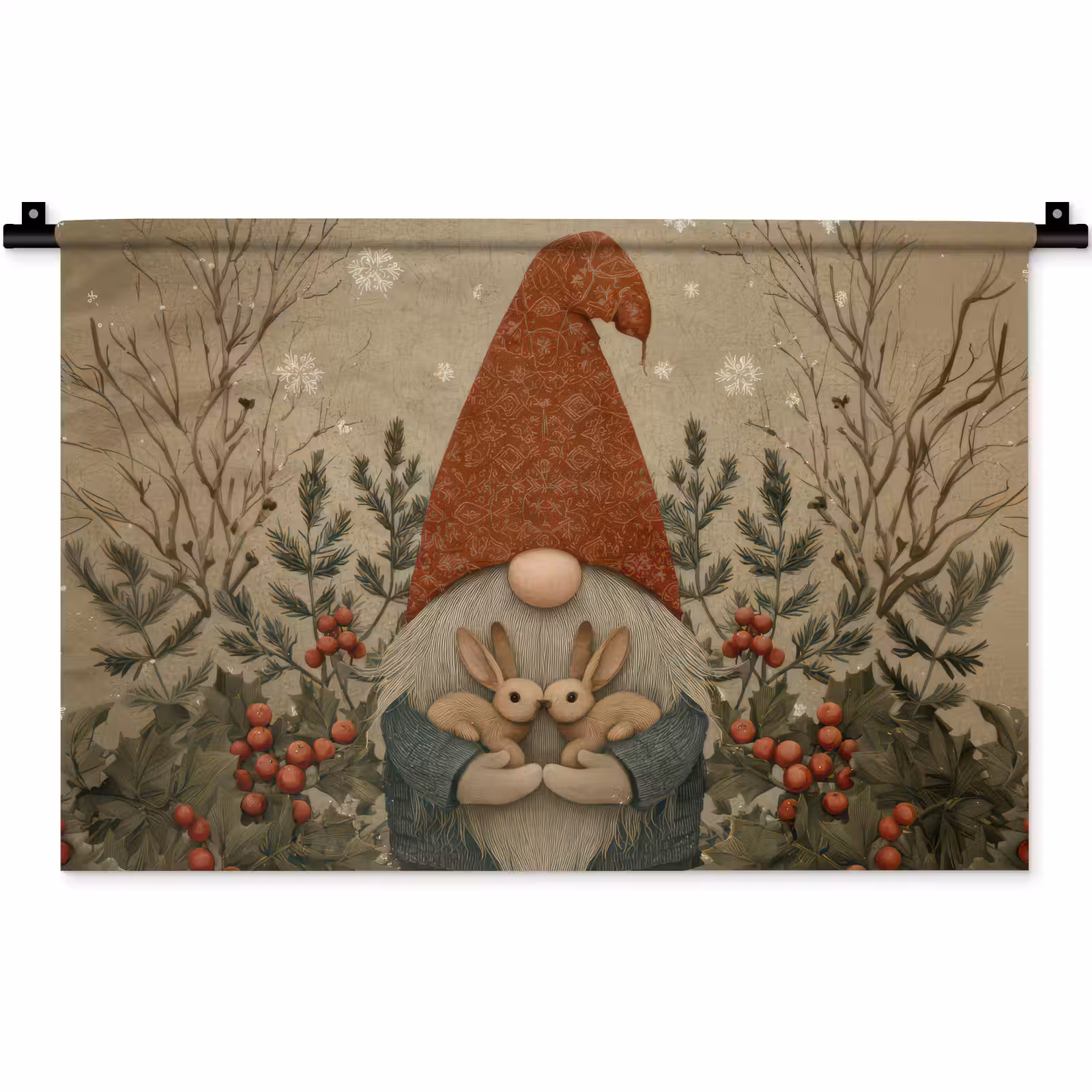 Wandkleed - Kerstgnome - Konijntjes - Kleurrijk — 1