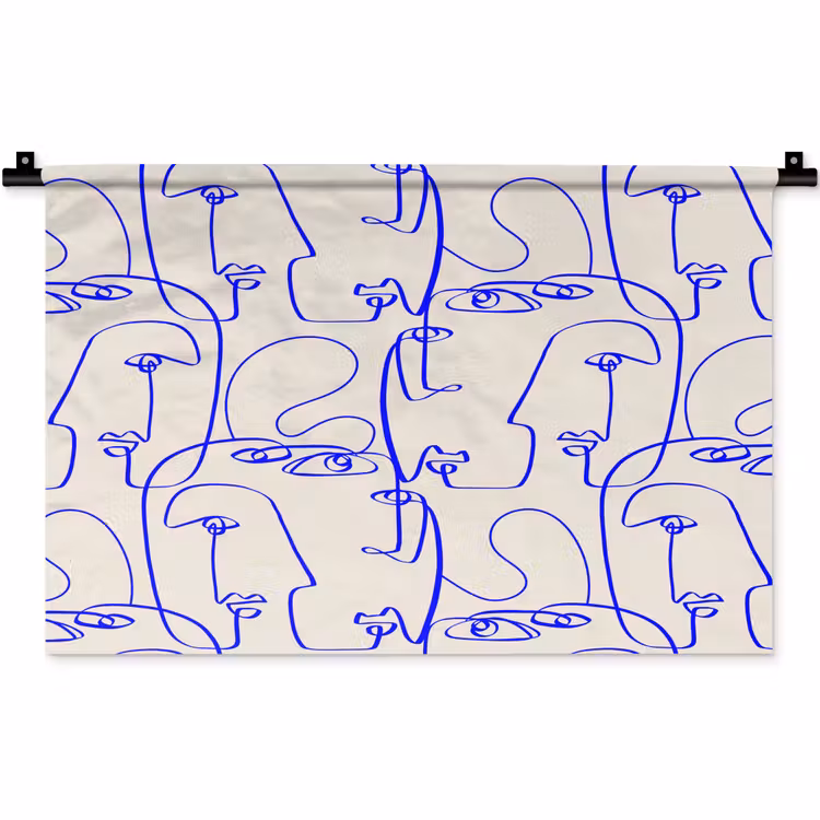 Wandkleed - Gezicht - Blauw - Lijnen - Beige — 1