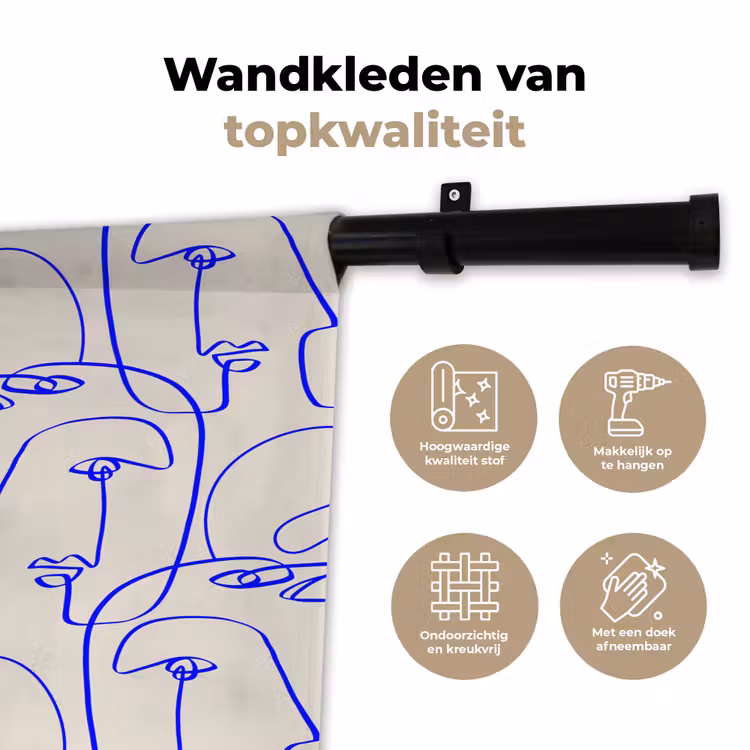 Wandkleed - Gezicht - Blauw - Lijnen - Beige — 3