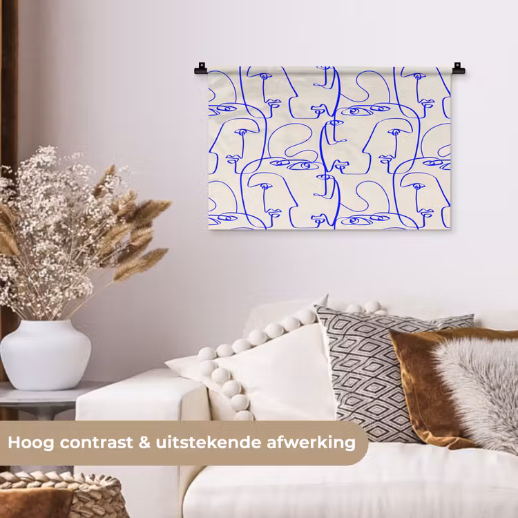Wandkleed - Gezicht - Blauw - Lijnen - Beige — 4