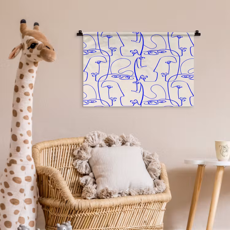 Wandkleed - Gezicht - Blauw - Lijnen - Beige — 5