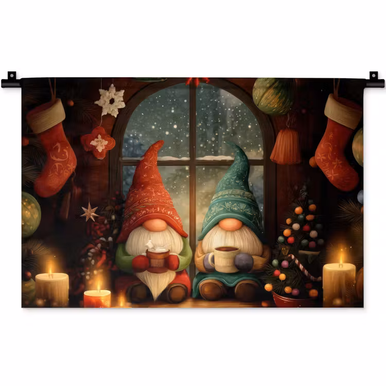 Wandkleed - Gnooms - Kerst - Raam - Kleurrijk — 1