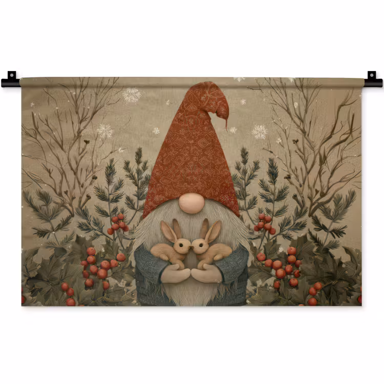 Wandkleed - Kerstgnome - Konijntjes - Kleurrijk — 1
