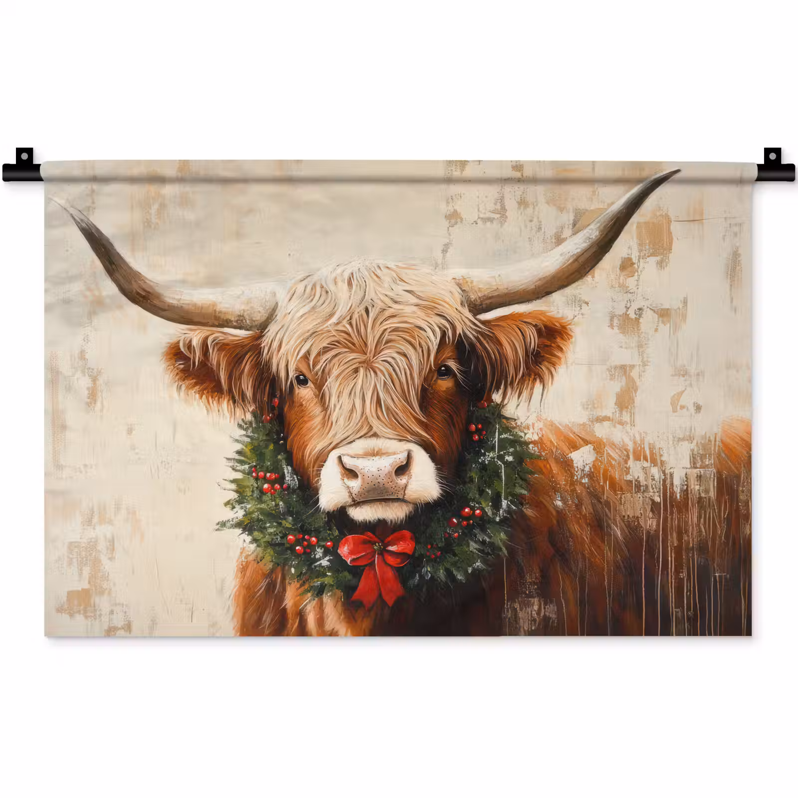 Wandkleed - Kerst - Schotse Hooglander - Bruin - Krans — 1
