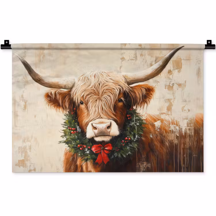 Wandkleed - Kerst - Schotse Hooglander - Bruin - Krans — 1