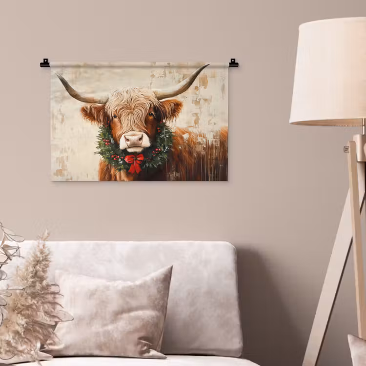 Wandkleed - Kerst - Schotse Hooglander - Bruin - Krans — 2