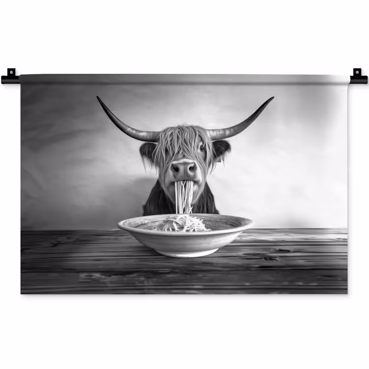 Wandkleed - Schotse Hooglander - Spaghetti - Dieren - Zwart wit — 1