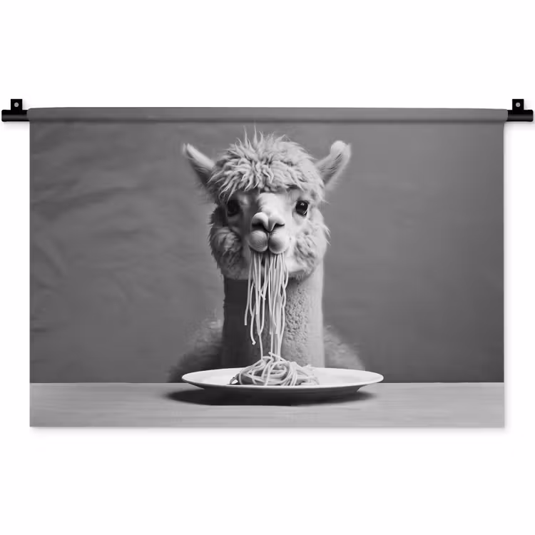 Wandkleed - Alpaca - Pasta - Zwart - Wit - Grappig - Dieren — 1
