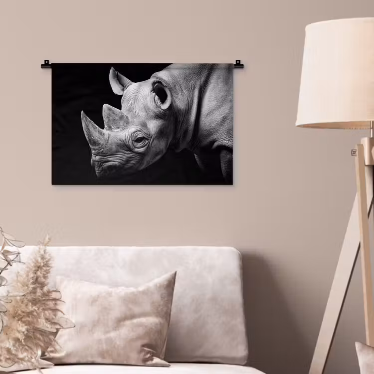 Wandkleed - Dieren - Neushoorn - Zwart - Wit - Portret — 2