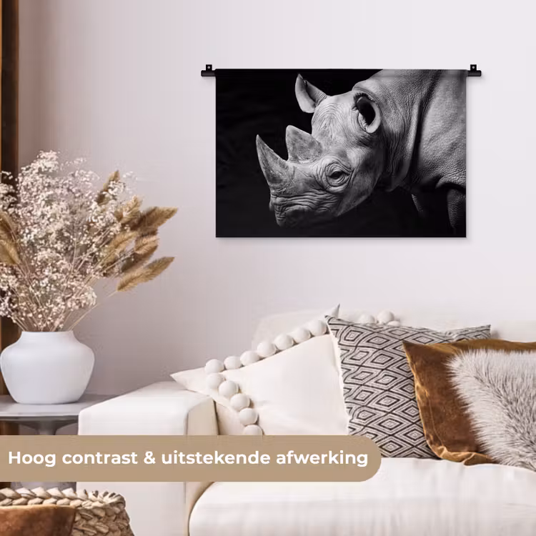 Wandkleed - Dieren - Neushoorn - Zwart - Wit - Portret — 4