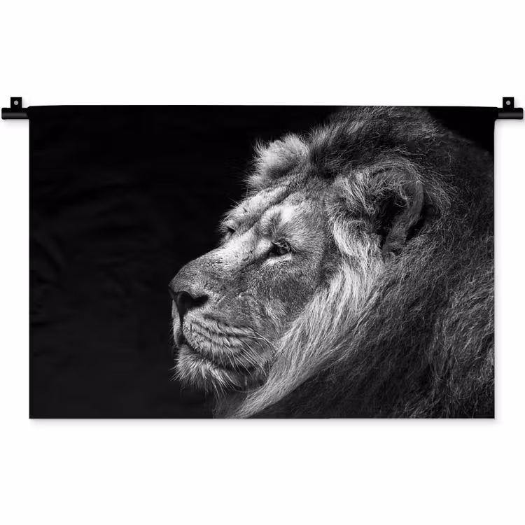 Wandkleed - Leeuw tegen zwarte achtergrond in zwart-wit — 1