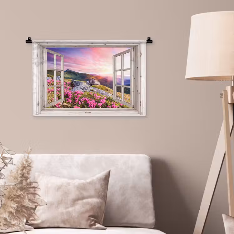 Wandkleed - Bergen - Landschap - Doorkijk - Bloemen - Avond - Roze — 2