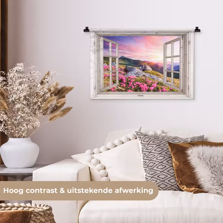Wandkleed - Bergen - Landschap - Doorkijk - Bloemen - Avond - Roze — 4