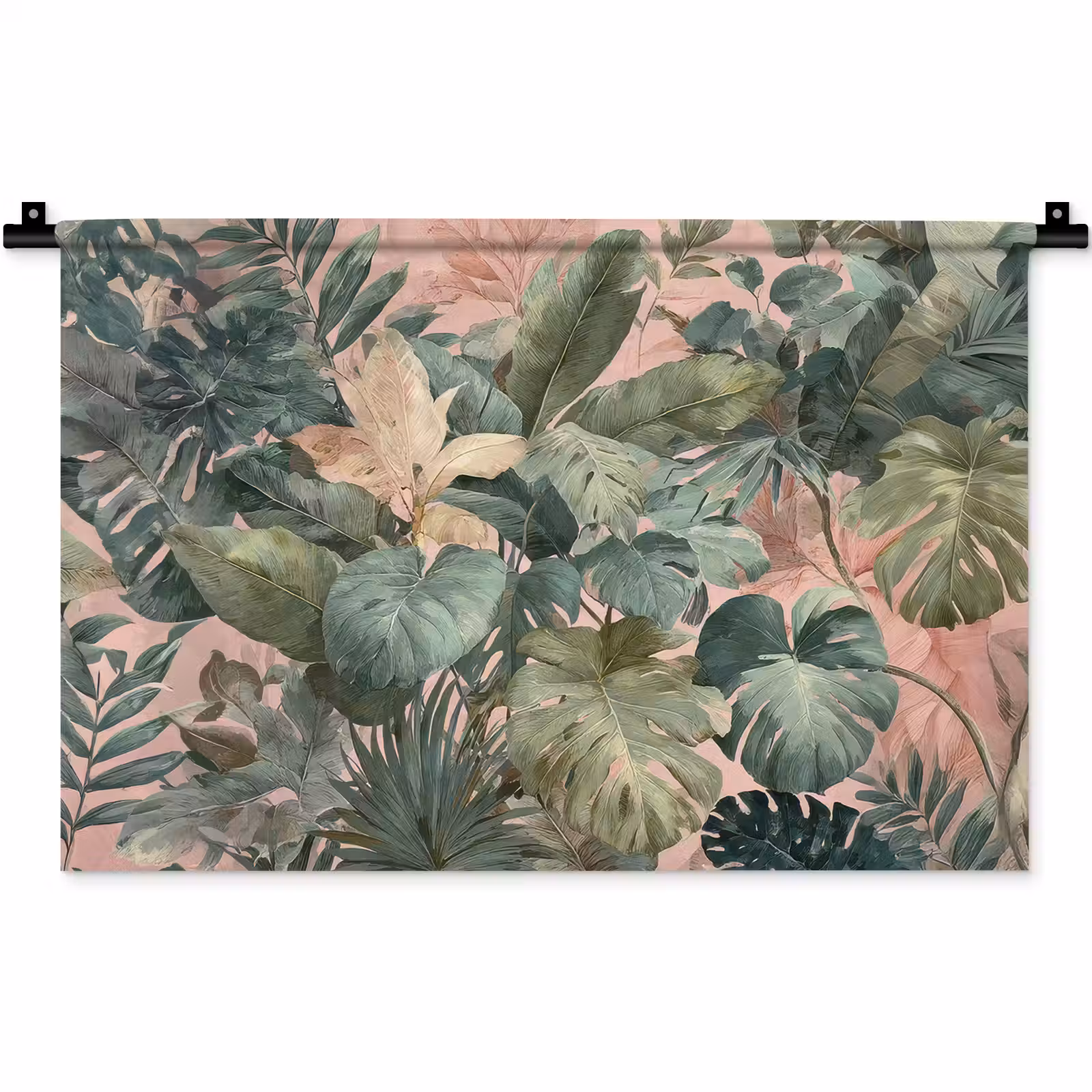 Wandkleed - Compositie van bladeren - Groen - Roze — 1