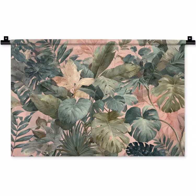 Wandkleed - Compositie van bladeren - Groen - Roze — 1