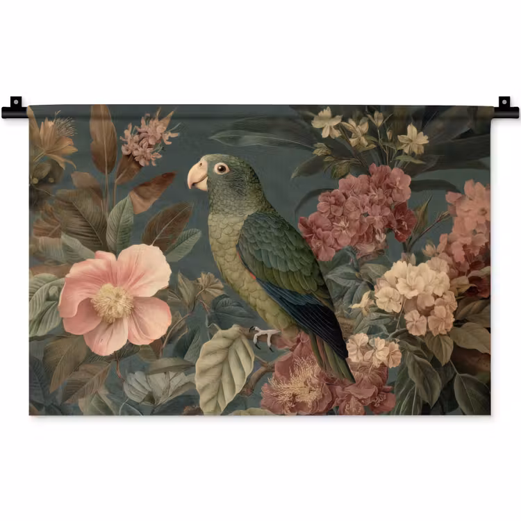 Wandkleed - Groene papegaai - Kleurrijke bloemen - Donkere achtergrond — 1