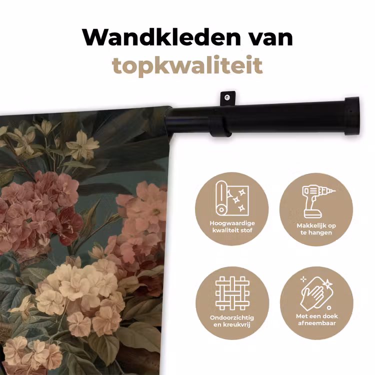 Wandkleed - Groene papegaai - Kleurrijke bloemen - Donkere achtergrond — 3