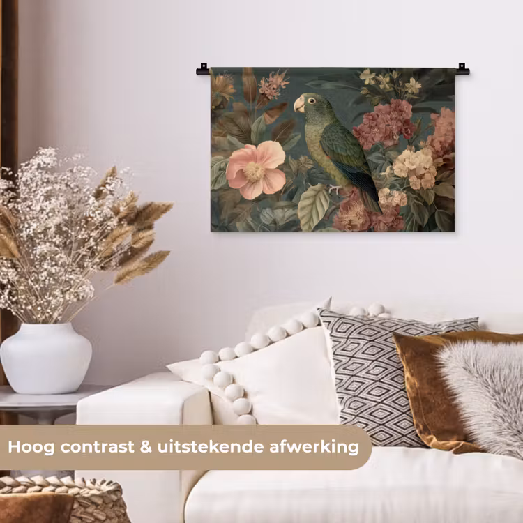 Wandkleed - Groene papegaai - Kleurrijke bloemen - Donkere achtergrond — 4