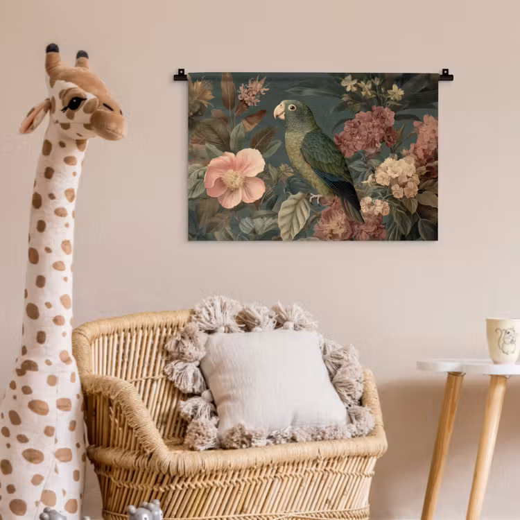 Wandkleed - Groene papegaai - Kleurrijke bloemen - Donkere achtergrond — 5