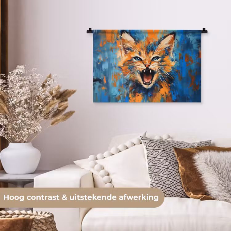 Wandkleed - Kat - Kleurrijk - Oranje - Blauw — 4