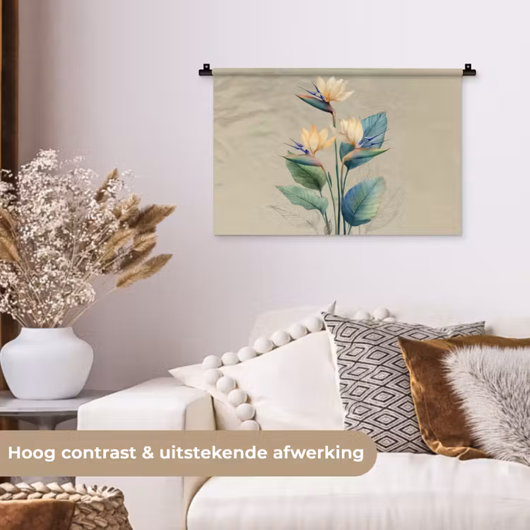 Wandkleed - Paradijsvogelbloemen - Blauwgroene bladeren - Beige — 4