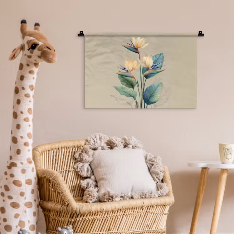 Wandkleed - Paradijsvogelbloemen - Blauwgroene bladeren - Beige — 5