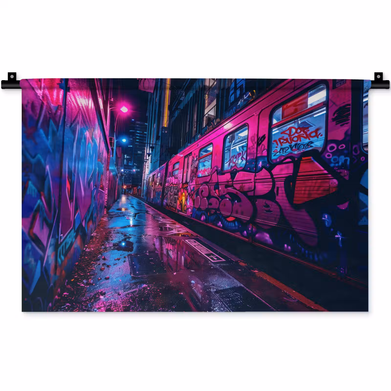 Wandkleed - Stad - Neon - Nacht - Roze - Graffiti — 1