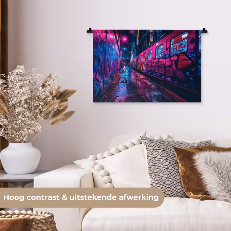 Wandkleed - Stad - Neon - Nacht - Roze - Graffiti — 4