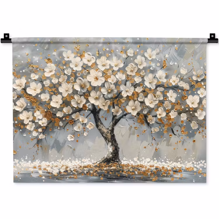 Wandkleed - Boom - Bloemen - Wit - Natuur - Kunst — 1