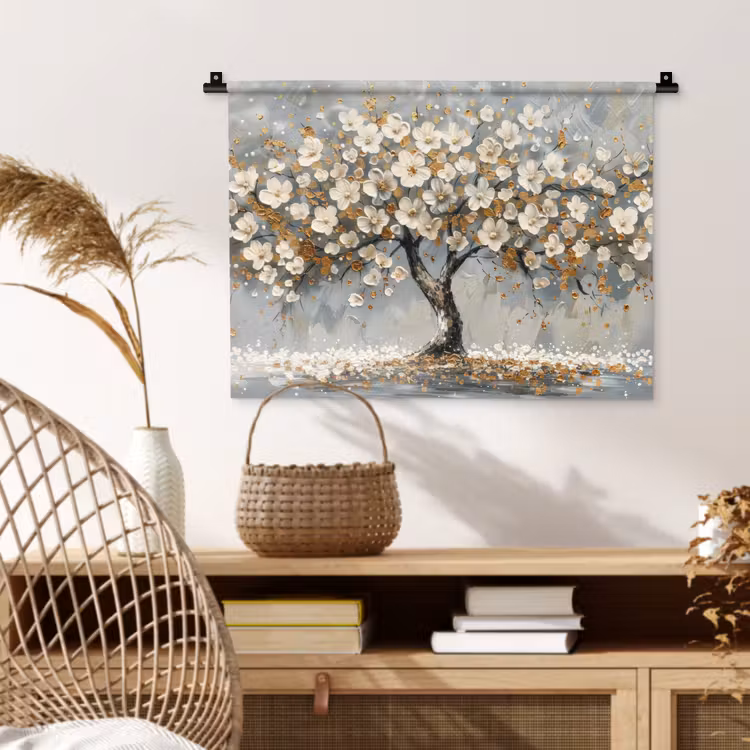 Wandkleed - Boom - Bloemen - Wit - Natuur - Kunst — 4
