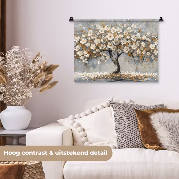 Wandkleed - Boom - Bloemen - Wit - Natuur - Kunst — 5