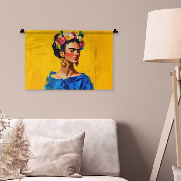 Wandkleed - Frida Kahlo - Vrouw - Geel - Blauw - Bloemen — 2