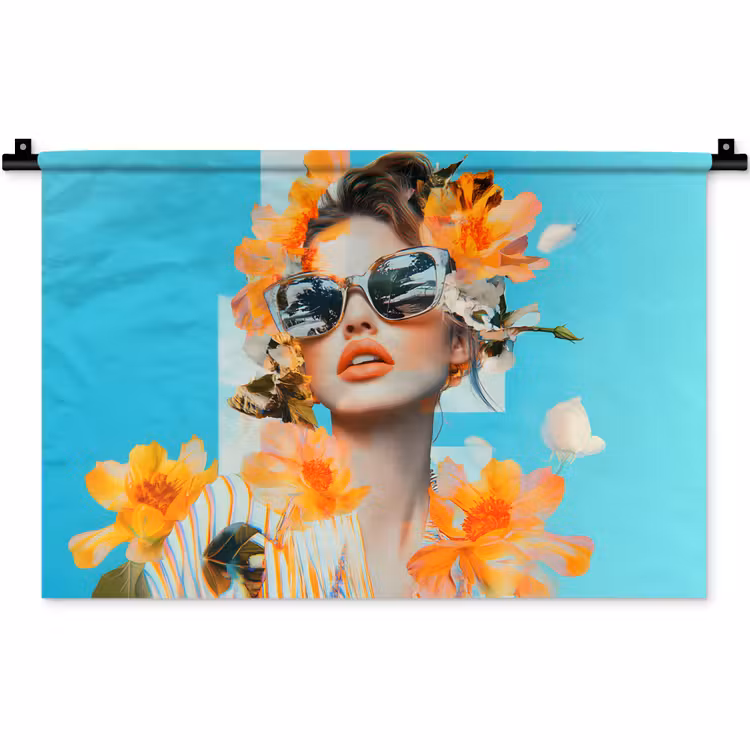 Wandkleed - Bloemen - Vrouw - Zonnebril - Blauw — 1