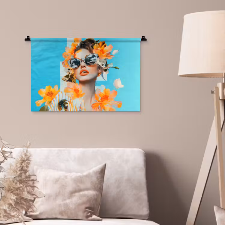 Wandkleed - Bloemen - Vrouw - Zonnebril - Blauw — 2