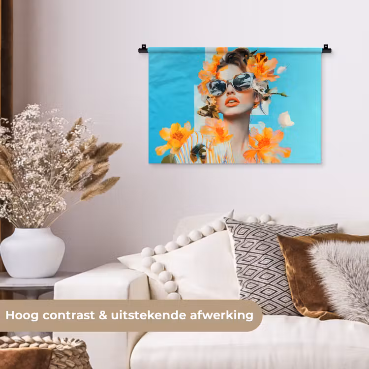 Wandkleed - Bloemen - Vrouw - Zonnebril - Blauw — 4