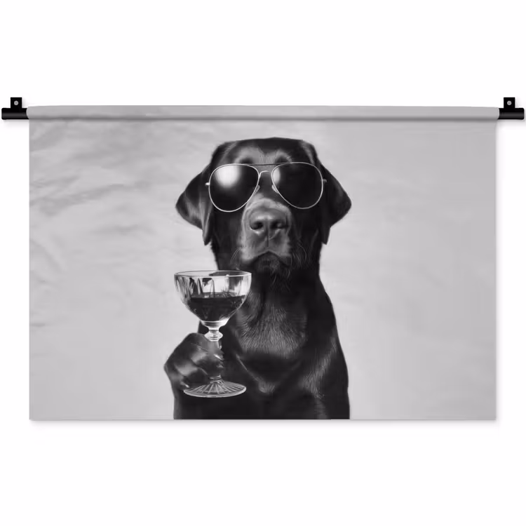 Wandkleed - Hond - Zwart - Wijnglas - Zonnebril — 1